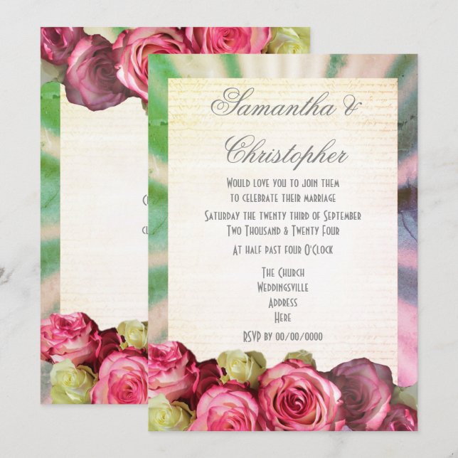 Convites Casamento floral de rosas rosa (Frente/Verso)
