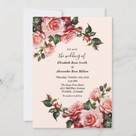 Convites Casamento floral de rosas rosa e vermelho elegante