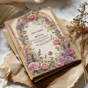 Convites Casamento Floral de Rosas Roxas Vintage