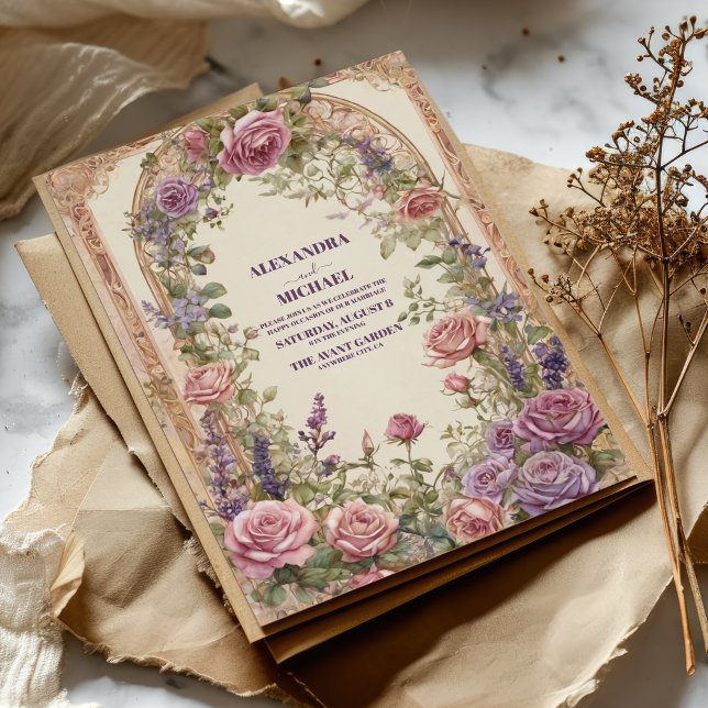 Convites Casamento Floral de Rosas Roxas Vintage (Criador carregado)