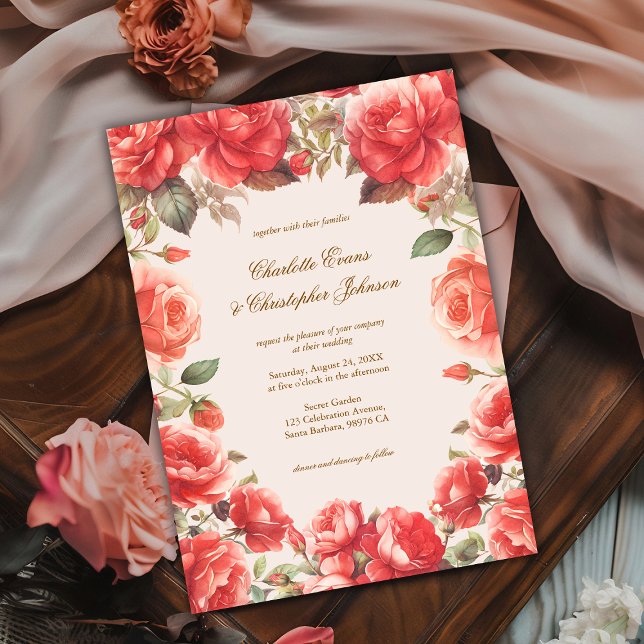 Convites Casamento Floral de Rosas vermelhas de Aquarela Ro (Criador carregado)