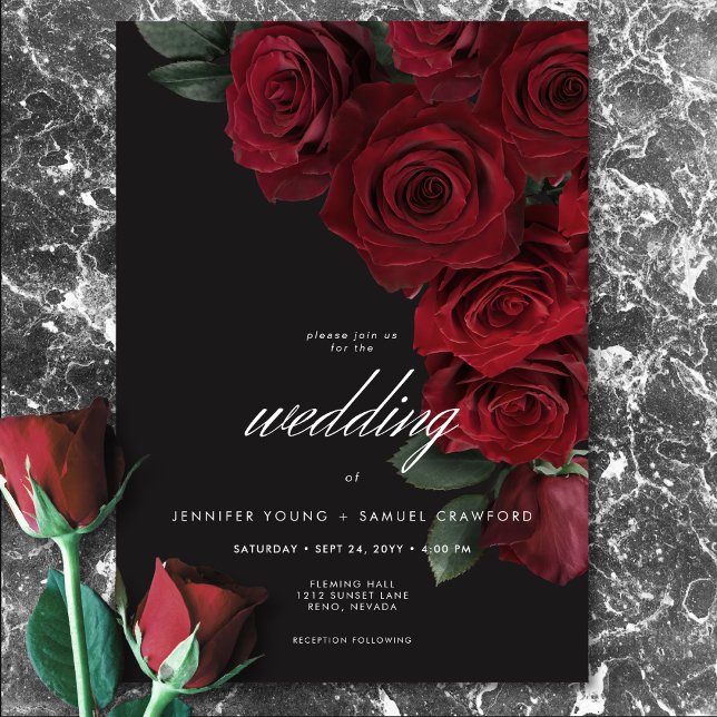 Convites Casamento Floral de Rosas vermelhas de Sangue Eleg (Elegant Moody Blood Roses Floral Wedding Invitation)
