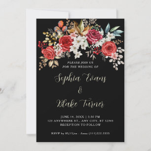 Convites Casamento Floral de Rosas Vermelhas Elegantes Pret