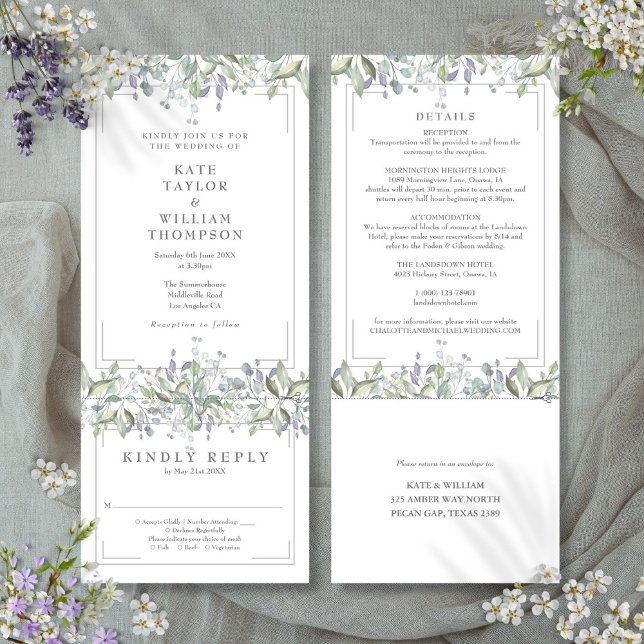 Convites Casamento Floral de Salvia e Lilás Tudo em Um (Sage And Lilac Floral All In One Wedding Invitation)