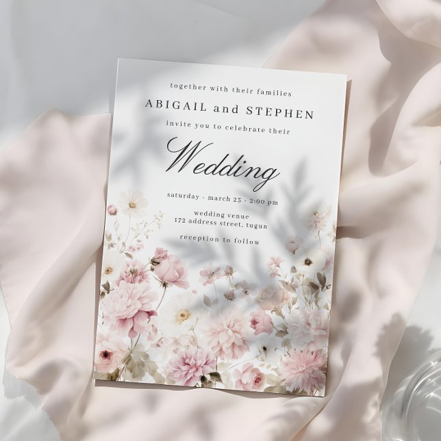 Convites Casamento Floral de Sangue Elegante Branco e Rosa  (Criador carregado)