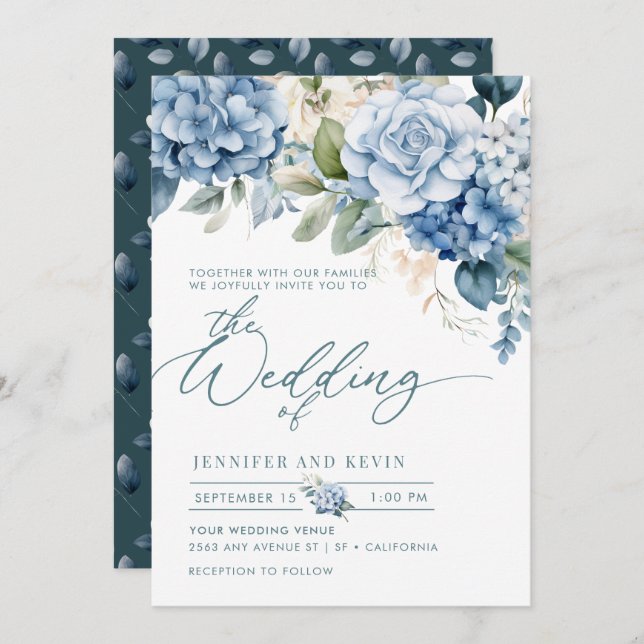 Convites Casamento Floral de Script Moderno de Hydrangea Az (Frente/Verso)