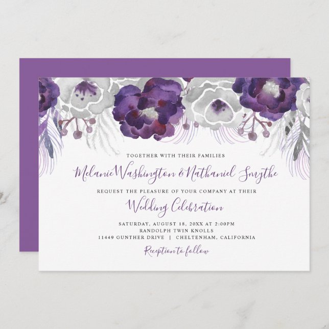 Convites Casamento Floral de Silver Watercolor (Frente/Verso)