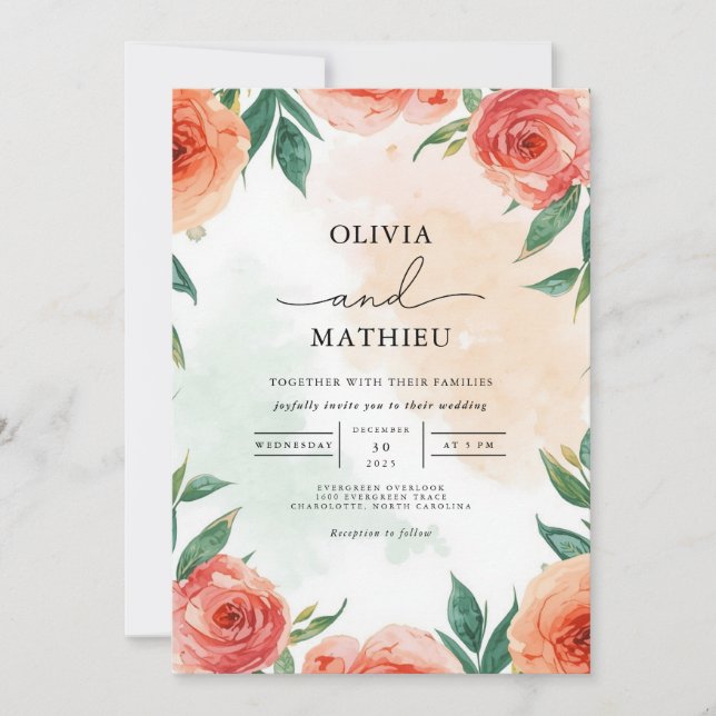 Convites Casamento Floral de Soft Coral Bloom (Frente)