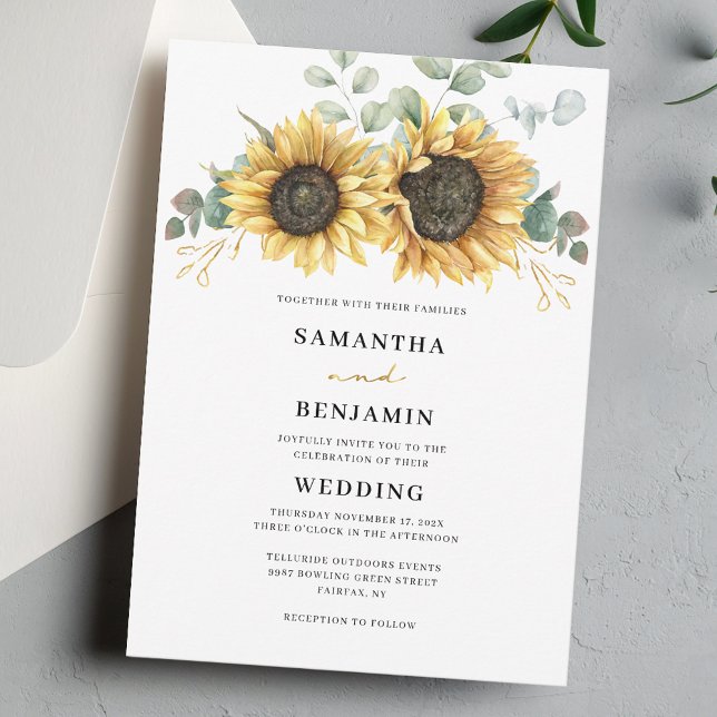 Convites Casamento Floral de Sunflower Eucalyptus (Sunflower Floral Eucalyptus Watercolor Wedding Invitation)