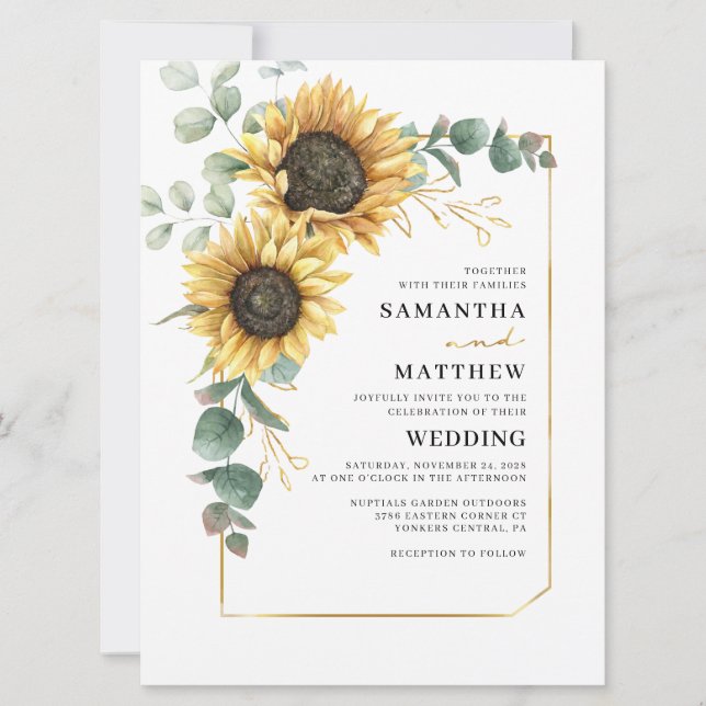 Convites Casamento Floral de Sunflower Eucalyptus Greenery (Frente)
