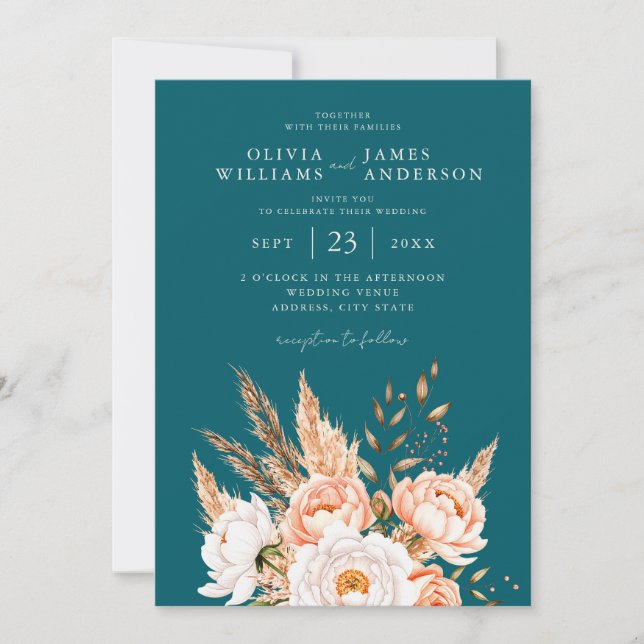 Convites Casamento Floral de Teal Boho Chic, Escuro Elegant (Frente)