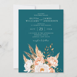 Convites Casamento Floral de Teal Boho Chic, Escuro Elegant