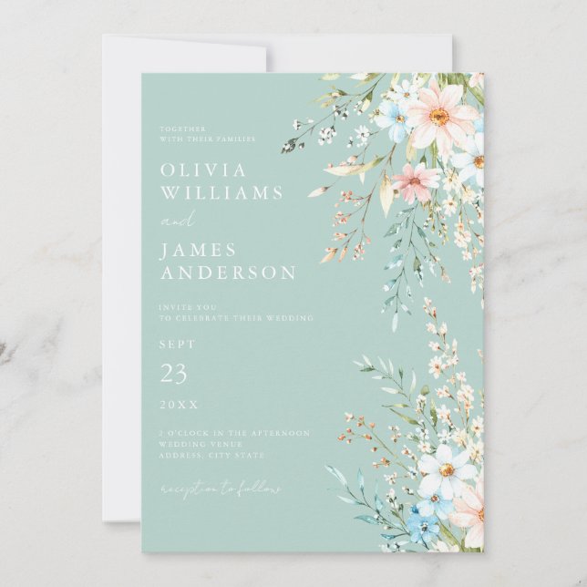 Convites Casamento Floral de Teal Boho Chic Wildflower (Frente)