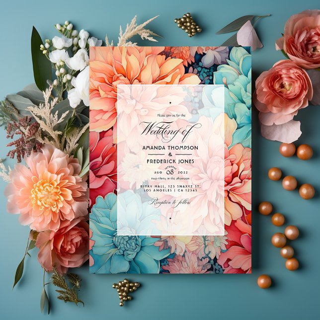 Convites Casamento Floral de Teal, Coral e Champagne (Criador carregado)