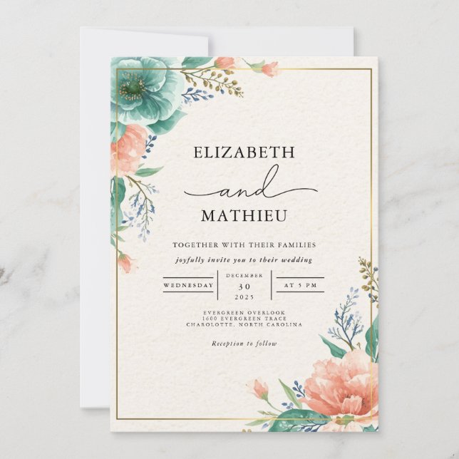 Convites Casamento Floral de Teal de Coral Suave (Frente)