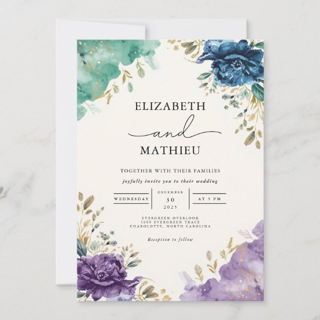Convites Casamento Floral de Teal Profundo (Frente)