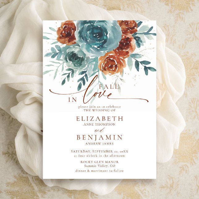 Convites Casamento Floral de Teal Terracotta Boho (fall in love wedding invitation teal burnt orange terracotta watercolor floral botanical earthy chic)