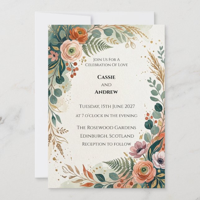 Convites Casamento Floral de Terracota Tropical (Frente)