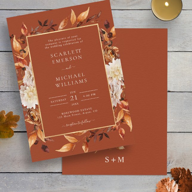 Convites Casamento Floral de Terracotta (Elegant Fall Terracotta Floral Copper Wedding Invitation Monogram on back by Painted Paperie
)
