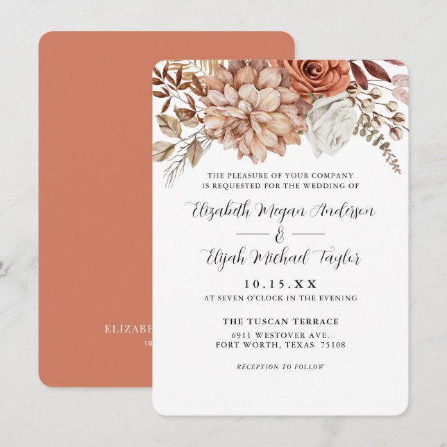 Convites Casamento Floral de Terracotta Queda (Frente/Verso)