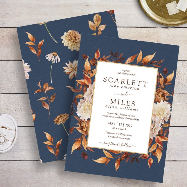 Convites Casamento Floral de Terracotta Watercolor marinho (Navy Fall Terracotta Watercolor Floral Wedding Invitation
)