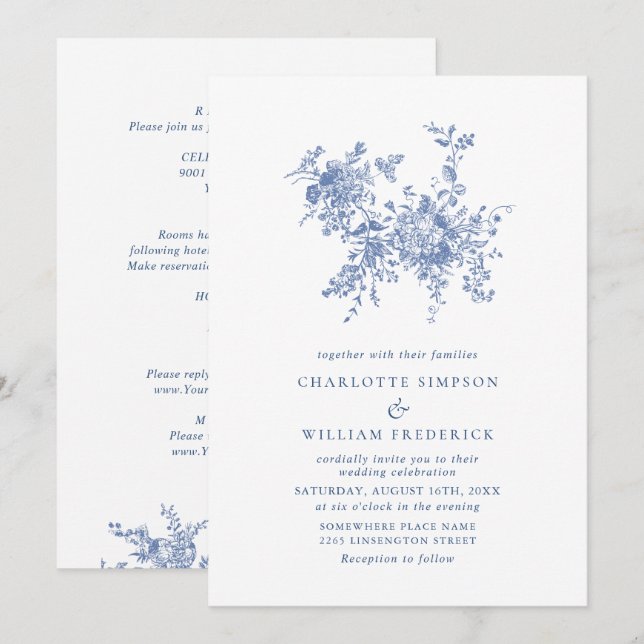 Convites Casamento Floral de Toile Azul Simplesmente Elegan (Frente/Verso)
