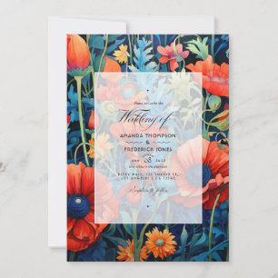 Convites Casamento Floral de Tomate Cereja e Azul Real