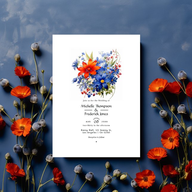 Convites Casamento Floral de Tomate Cereja e Azul Real (Criador carregado)