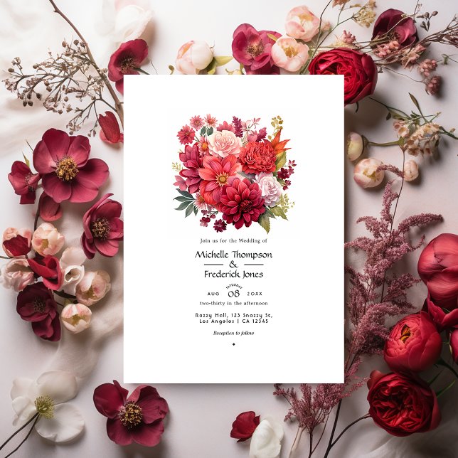 Convites Casamento Floral de Tons Vermelhos Ricos de Invern (Criador carregado)