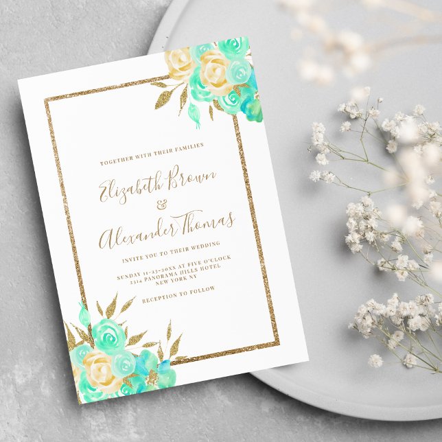 Convites Casamento floral de turquesa de ouro com brilho (Watercolor turquoise gold glitter floral wedding)