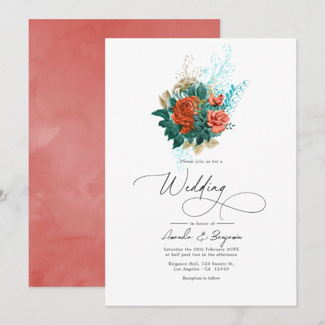 Convites Casamento Floral de Turquesa e Coral Watercolor (Frente/Verso)