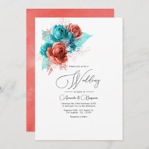 Convites Casamento Floral de Turquesa e Coral Watercolor