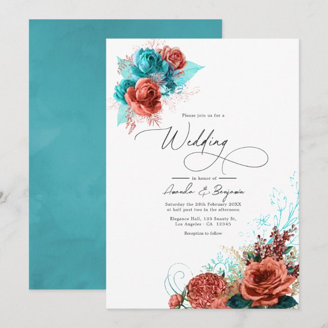 Convites Casamento Floral de Turquesa e Coral Watercolor (Frente/Verso)