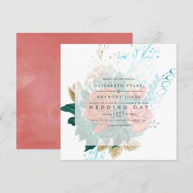 Convites Casamento Floral de Turquesa e Coral Watercolor (Frente/Verso)