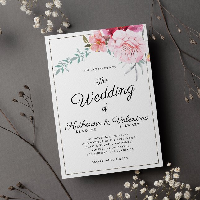 Convites Casamento floral de um guião de menta rosa elegant (Elegant pink mint formal script floral wedding)