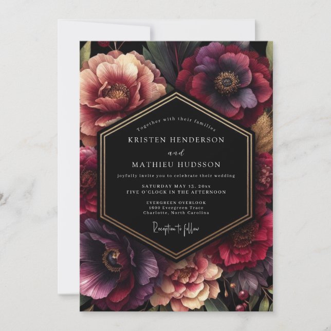Convites Casamento Floral de Veludo Borgonha (Frente)