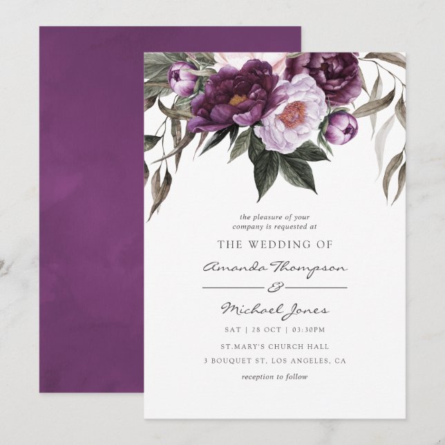 Convites Casamento Floral de Veludo Profundo (Frente/Verso)