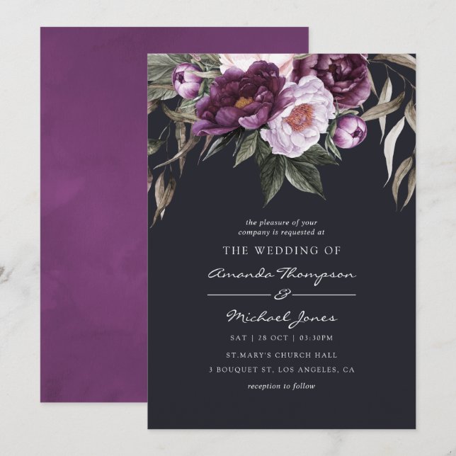 Convites Casamento Floral de Veludo Profundo (Frente/Verso)