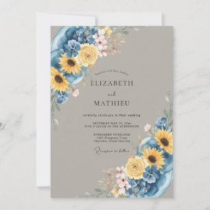 Convites Casamento Floral de Verão Azul Profundo