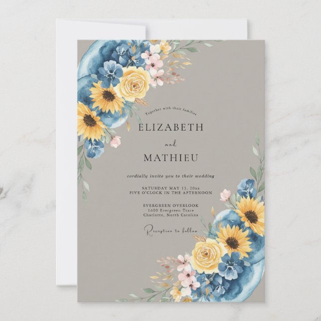 Convites Casamento Floral de Verão Azul Profundo (Frente)