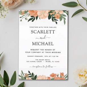 Convites Casamento Floral de Verão Botânico de Pêssego Eleg