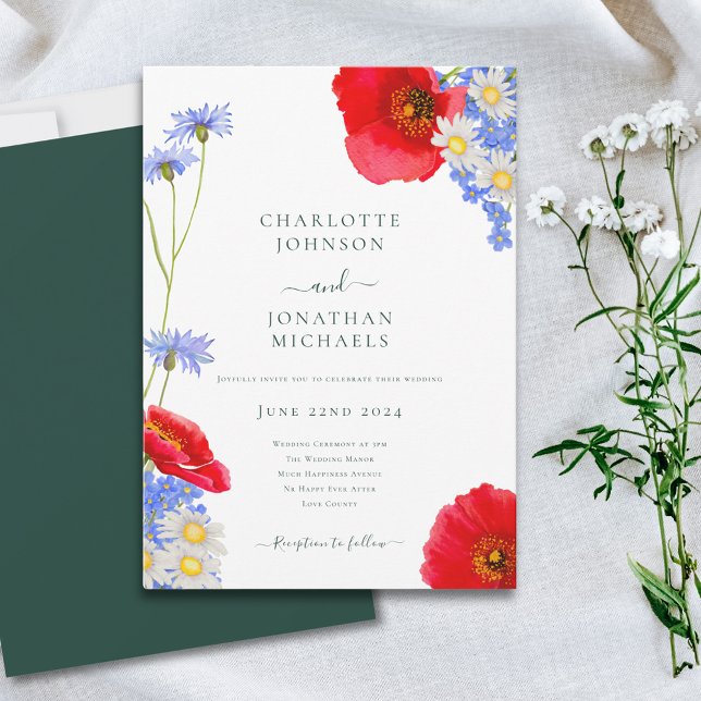 Convites Casamento Floral de Verão Elegante Verde Moderno (Elegant wildflower watercolor wedding invitation poppy cornflower and daisy floral blue green red)