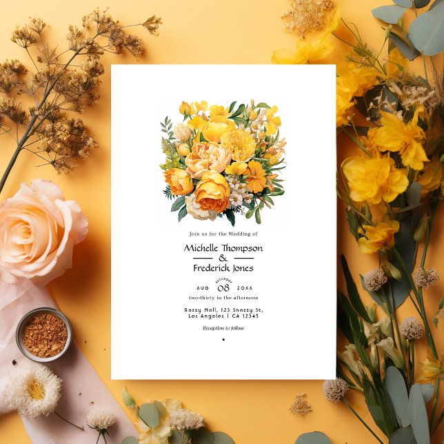Convites Casamento Floral de Verão em Amarelo Vibrante e Bi (Criador carregado)