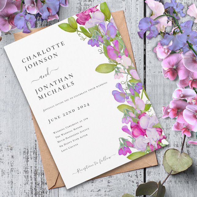 Convites Casamento Floral de Verão Moderno Elegante (Modern sweetpea floral pink purple wedding invitation)