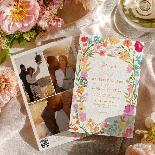 Convites Casamento Floral de Verão no Jardim Boho QR (Boho Garden Summer Floral Photo QR Wedding Invitation)