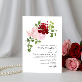 Convites Casamento Floral de Verão Vermelho e Rosa Elegante