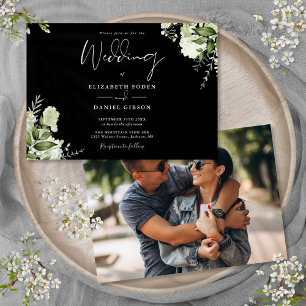 Convites Casamento Floral de Verde com Foto Preto e Branco
