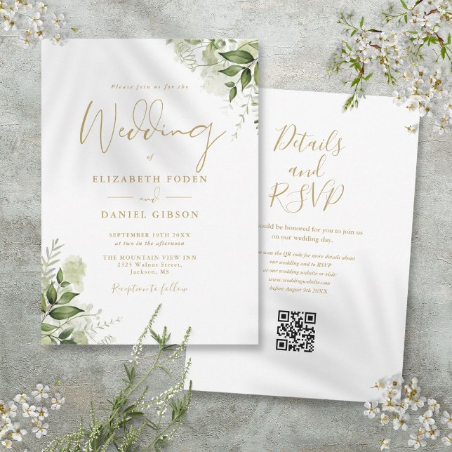 Convites Casamento Floral de Verdura com Código QR em Letra (Gold Script Greenery Floral QR Code Wedding Invitation)