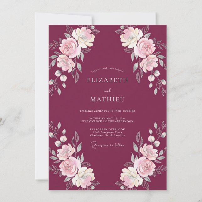 Convites Casamento Floral de Vinho (Frente)