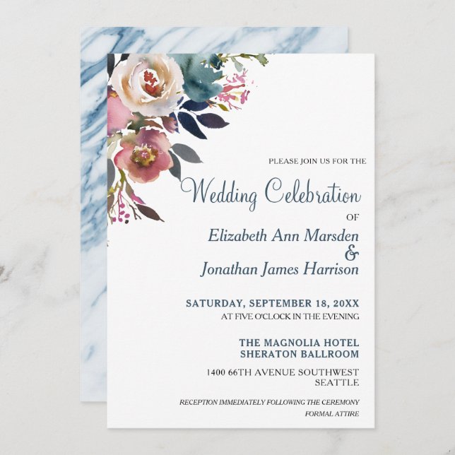 Convites Casamento Floral De Vinho De Champanhe Azul Com Po (Frente/Verso)